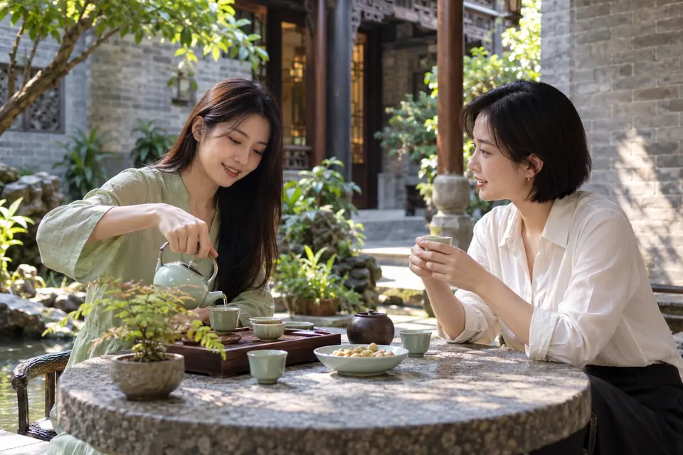 庭院中的茶友交流与倒茶场景