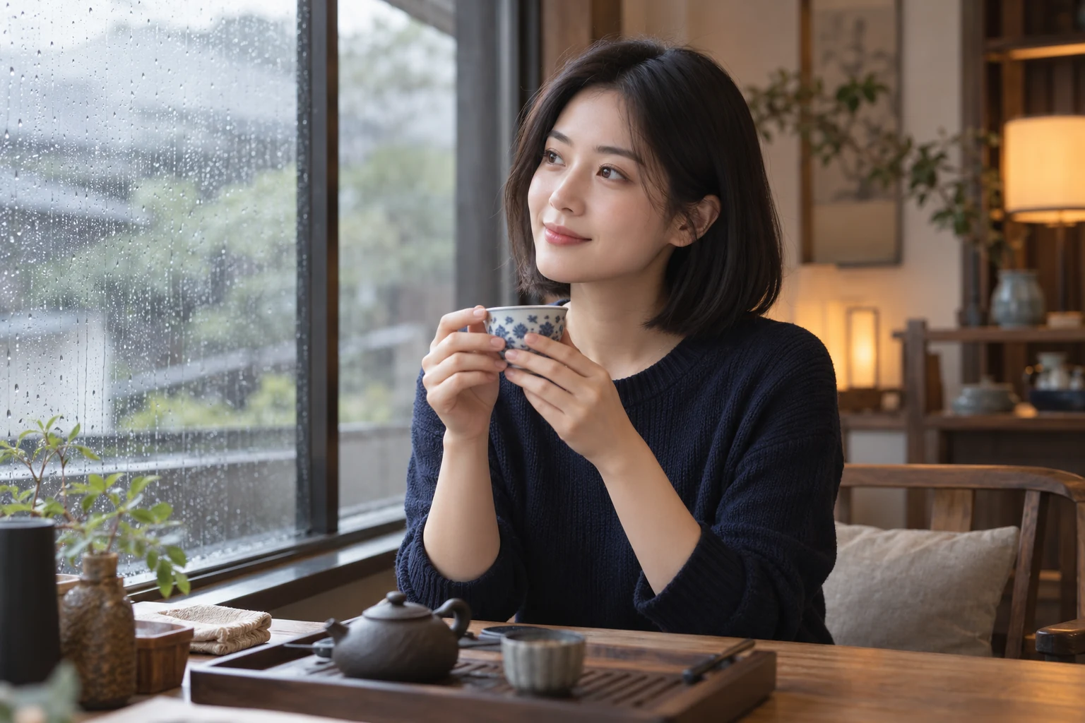 雨天窗边品茶的休闲场景